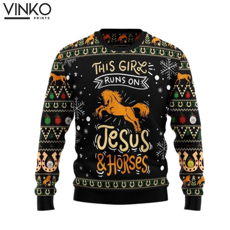 Girls Run On Jesus And Horses Gifts For Christians Ugly Christmas Sweater