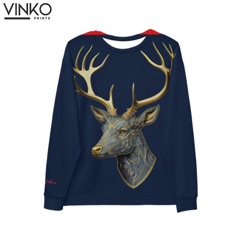 Golden Antler Horn Stag Deer Dark Blue Edition Animal Print Ugly Christmas Sweater