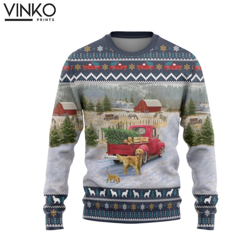 Golden Retriever Red Truck Christmas Custom Ugly Christmas Sweater