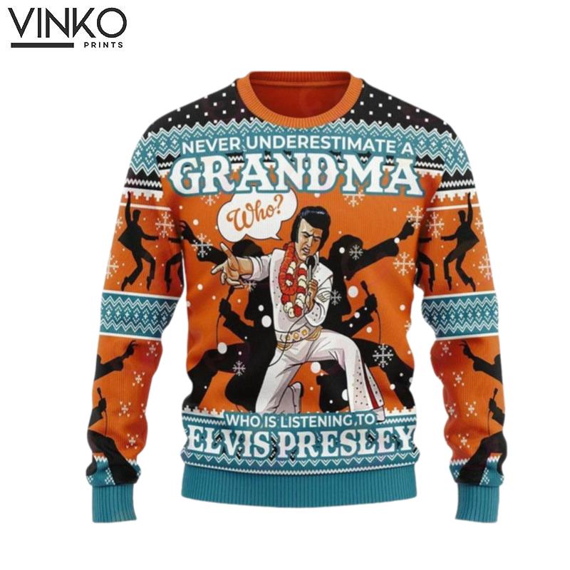 Grandma Love Elvjs Pr3sley Knitted Ugly Christmas Sweater