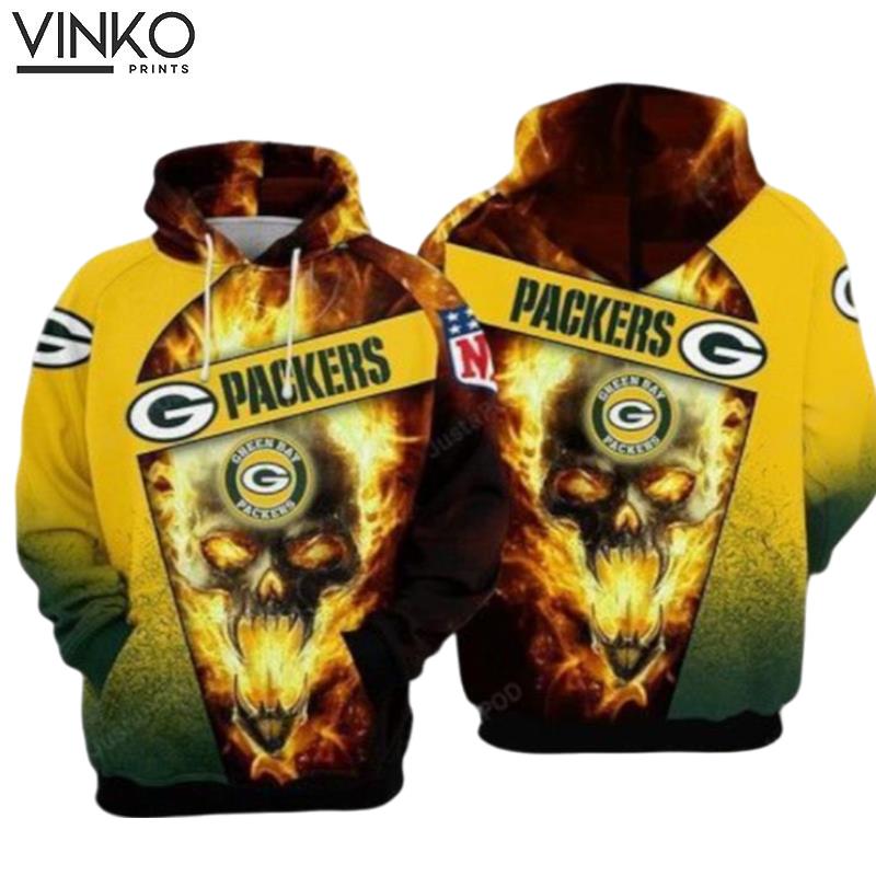 Green Bay Packers Nfl Football Skull Fire Hoodie