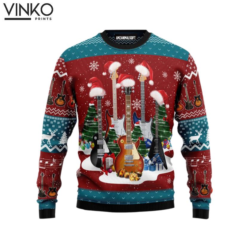 Guitar Christmas Christmas Tree Snowflakes Pattern Guitar Lovers Ugly Christmas Sweater