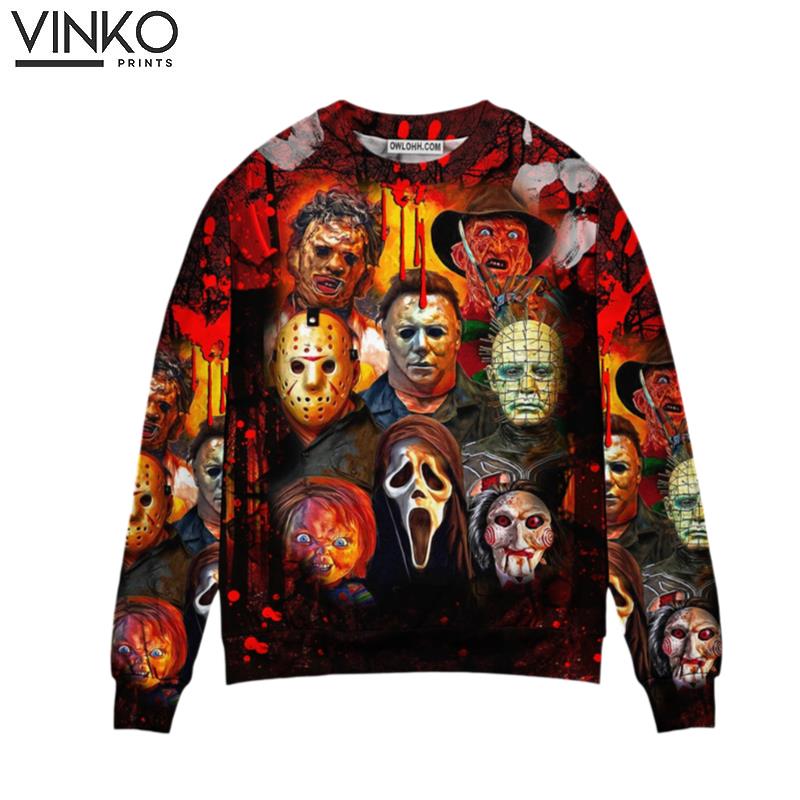 Halloween Horror Movie Characters Blood Scary Ugly Christmas Sweater