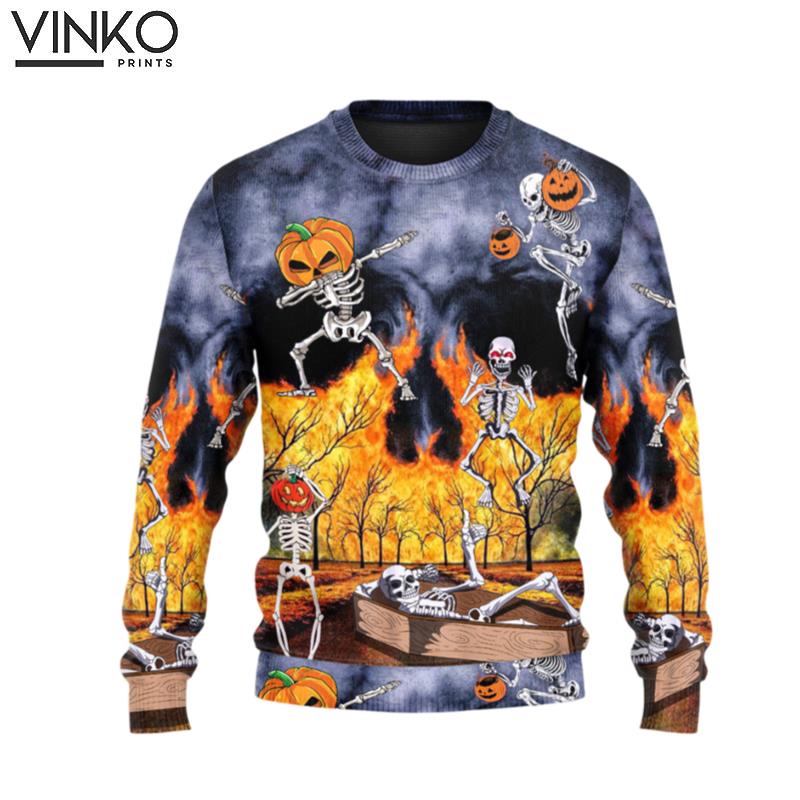 Halloween Skeleton Party Pumpkin Burning Scary Ugly Christmas Sweater