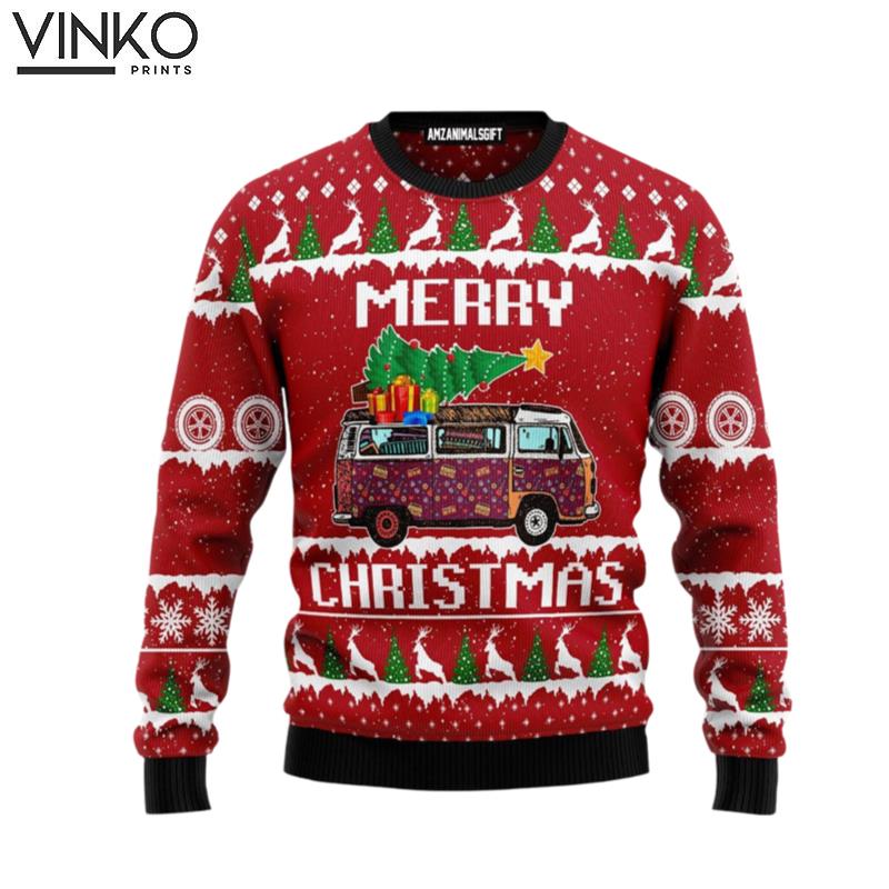 Hippie Car Christmas Pattern Red Perfect Gift For Christmas Friends Family Ugly Christmas Sweater