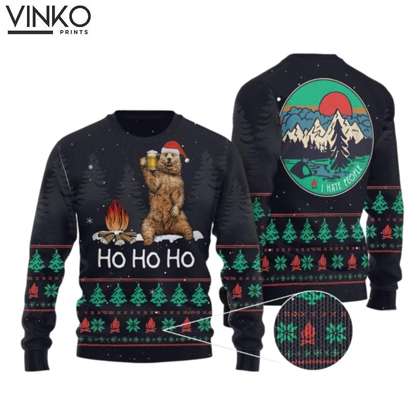 Ho Ho Ho Camping bear I hate people Ugly Christmas Sweater