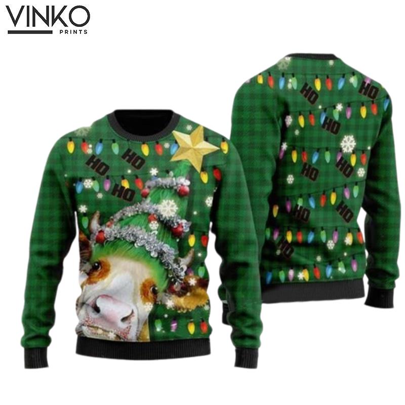 Ho Ho Ho Cow Christmas Tree Ugly Christmas Sweater