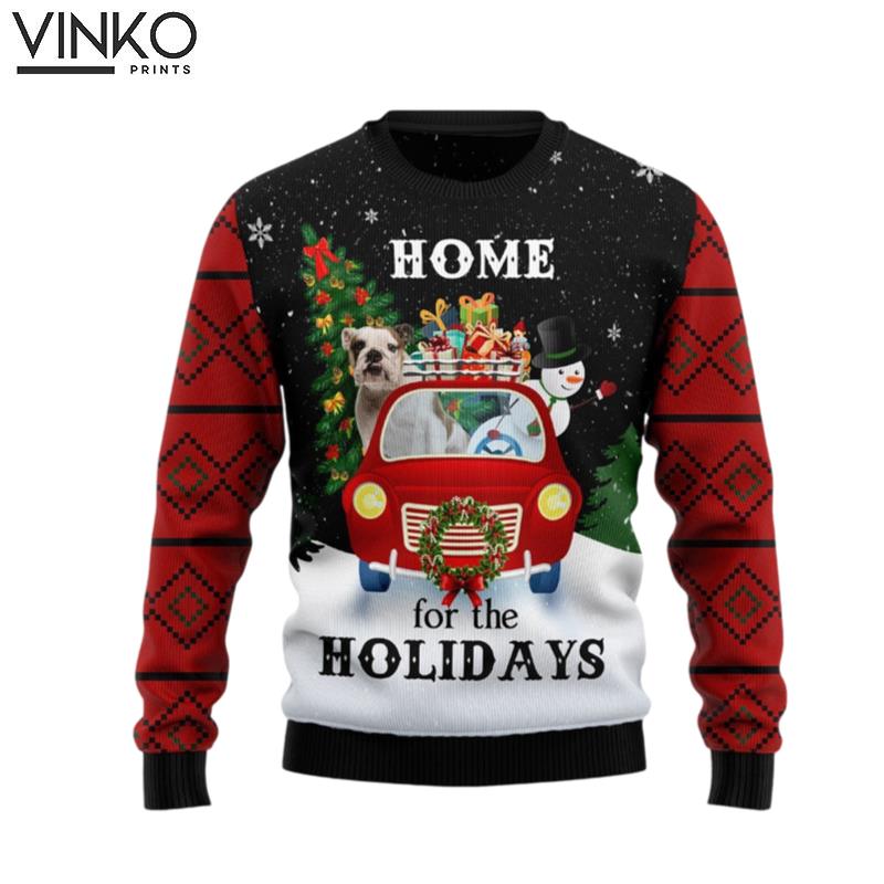 Home For The Holiday Merry Christmas Bulldog And Snowman Ugly Christmas Sweater