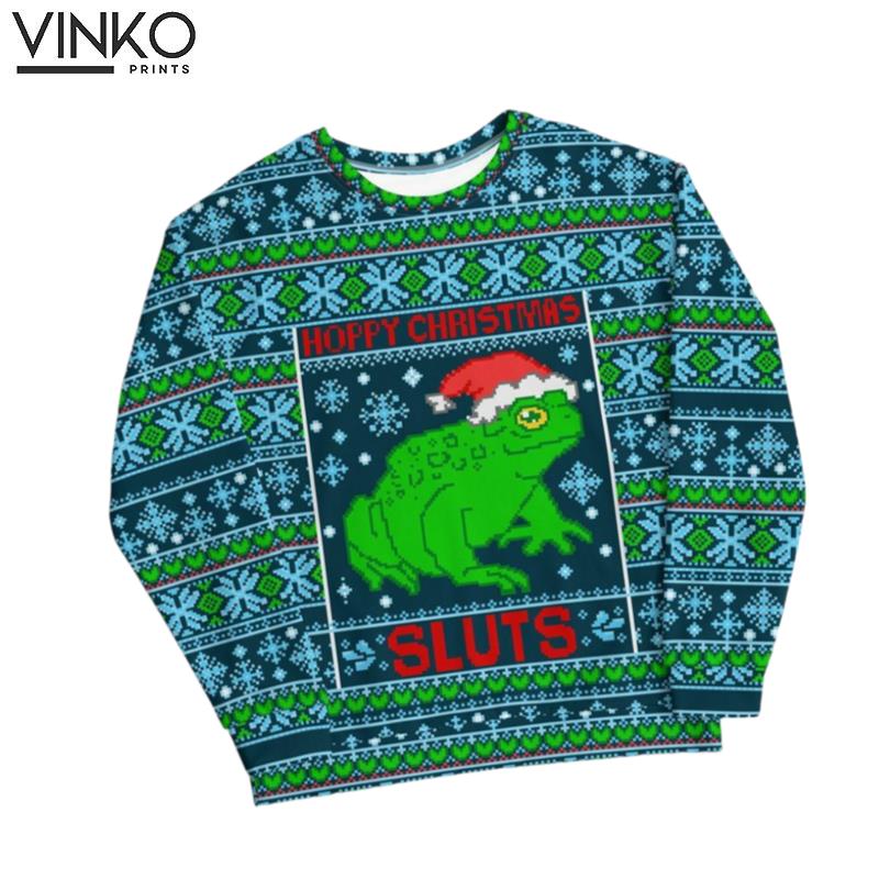 Hoppy Christmas Sluts Santa Frog All Over Printed Ugly Christmas Sweater