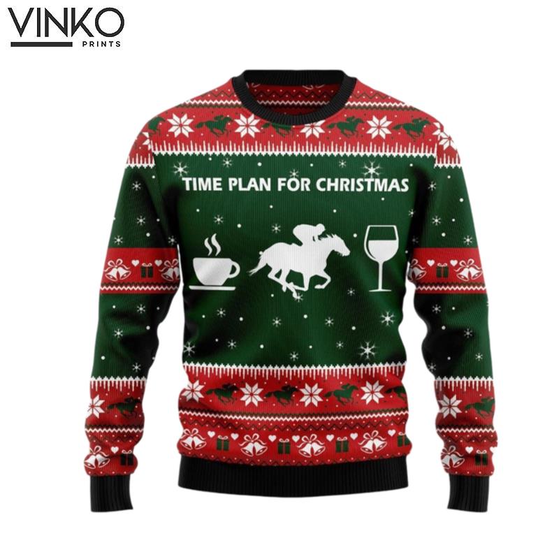 Horse Racing Wine Coffee Time Plan For Perfect Gift and Outfit For Horse Racing On Christmas Winter New Year Ugly Christmas Sweater