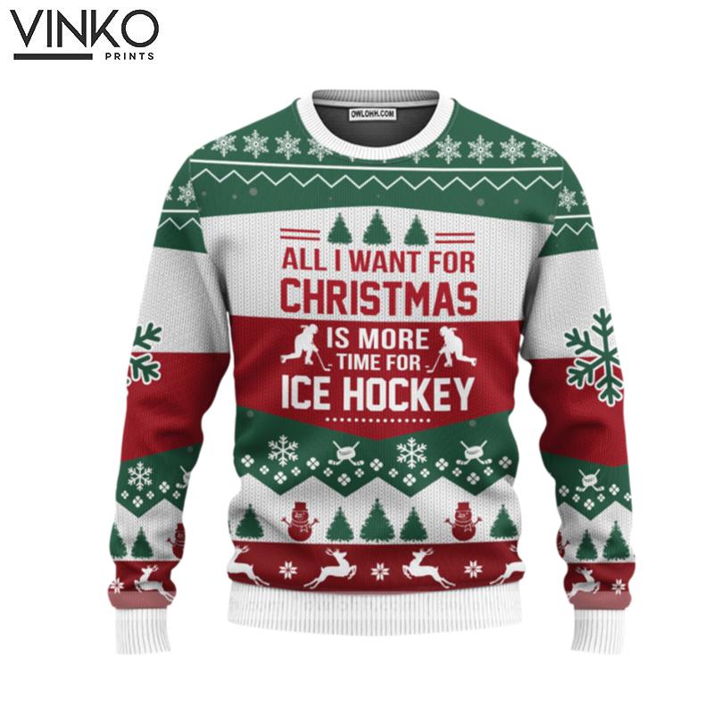 Ice Hockey All I Want For Christmas Knitted Print Noel Christmas Signature Ugly Christmas Sweater