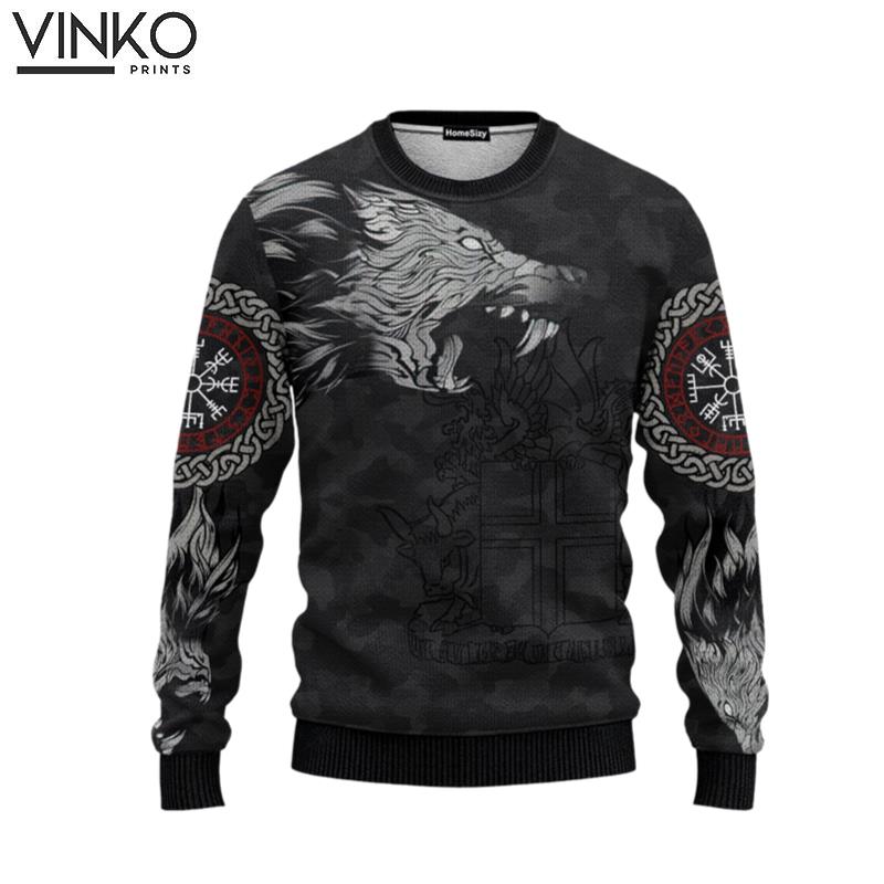 Iceland Fenrir Wolf And Vegvisir Viking Ugly Christmas Sweater