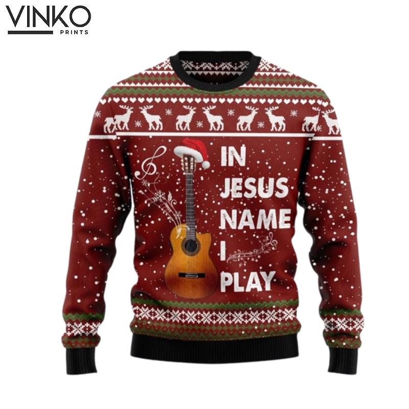 In Jesus Name I Play Guitar Gifts For Christians Ugly Christmas Sweater