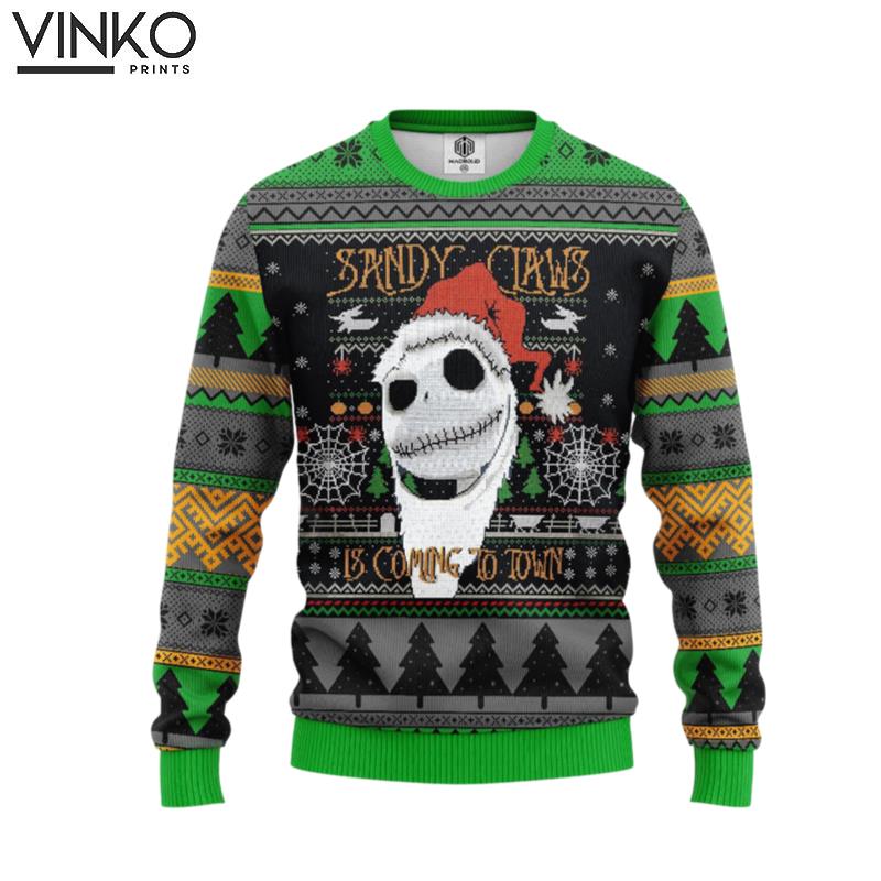 Jack Skellington Nightmare Before Christmas Sandy Claws Is Coming To Town Ugly Christmas Sweater