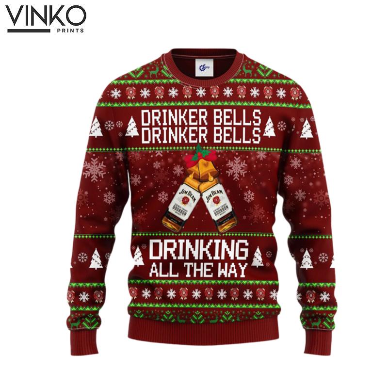 Jim Beam Drinker Bells Drinker Bells Drinking All The Way Ugly Christmas Sweater