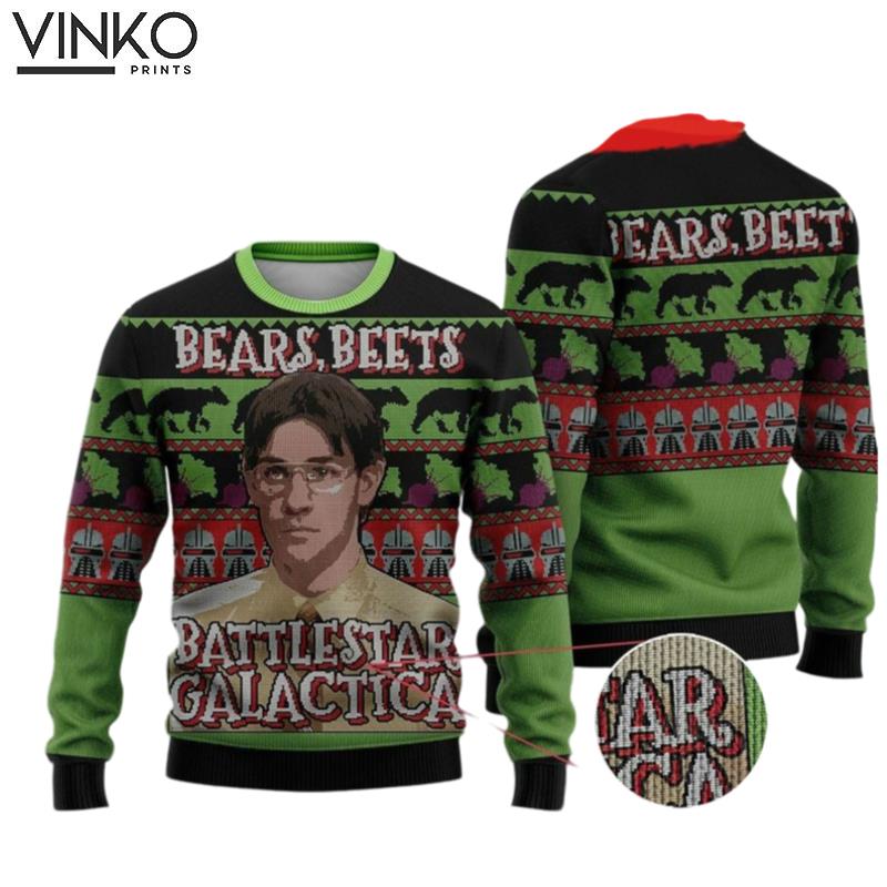 Jim Halpert Bears Beets Battlestar Galactica Ugly Christmas Sweater