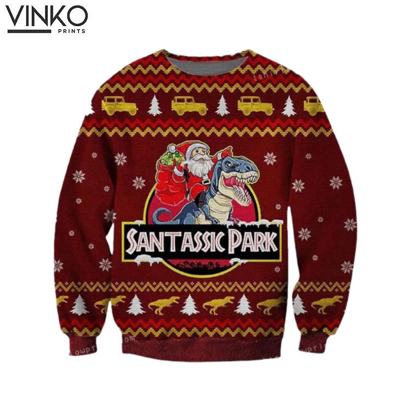 Jurassic Park Santa Claus Riding Dinosaur Gift For Christmas Ugly Christmas Sweater