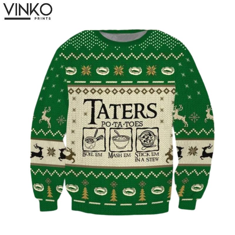 LOTR Lord Of The Rings Taters Potatoes Green 3D Ugly Christmas Sweater