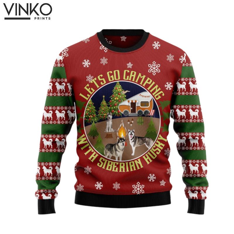 Let's Go Camping With Siberian Husky Ugly Christmas Sweater