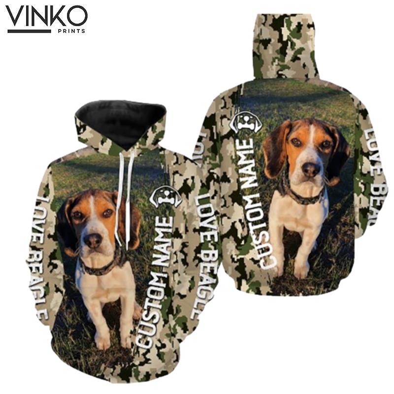 Love Beagle Dog Green Army Camouflage Custom Name Hoodie