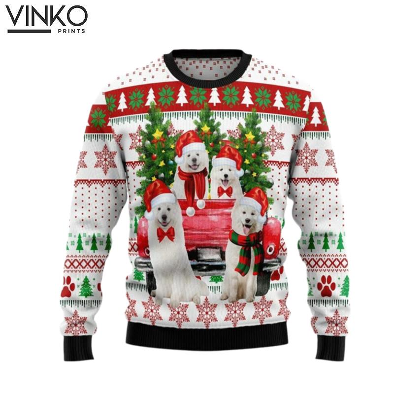 Lovely Samoyed Red Truck And Christmas Tree Ugly Christmas Sweater