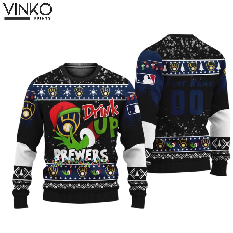 MLB Grinch Drink Up Milwaukee Brewers Custom Ugly Christmas Sweater