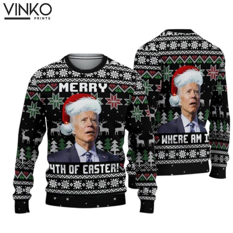 Merry 4th Of Easter Bi den President Santa Ugly Christmas Sweater