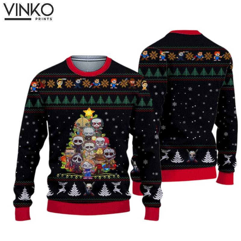 Merry Chirstmas Horror Movie Characters With Gift Ugly Christmas Sweater