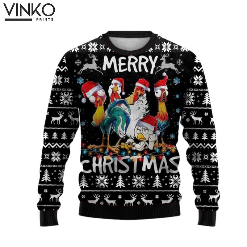 Merry Christmas Rooster Print Crew Neck Ugly Christmas Sweater