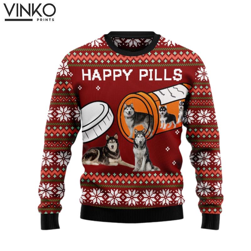 Merry Christmas Siberian Husky Happy Pills Ugly Christmas Sweater