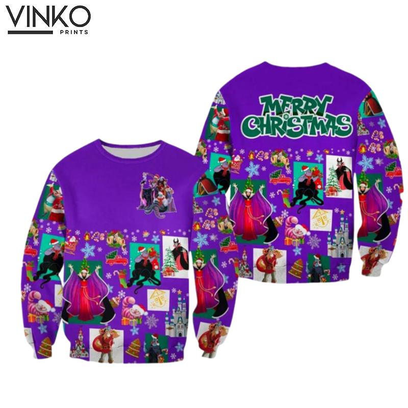 Merry Christmas Villains 3D Villains Pattern Violet Xmas Ugly Christmas Sweater