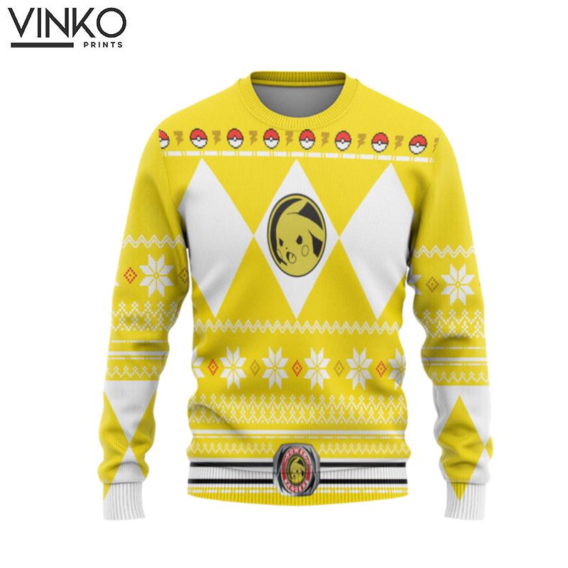 Mighty Morphin Yellow Power Ranger x Pokemon Pikachu Custom Ugly Christmas Sweater