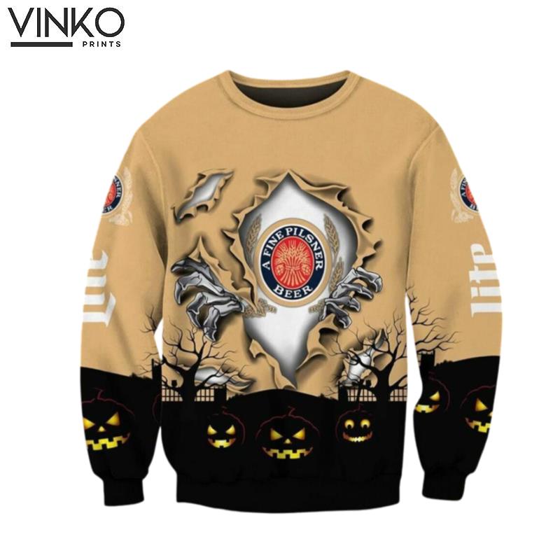 Miller Lite Beer Scary Night Halloween Gift Ugly Christmas Sweater