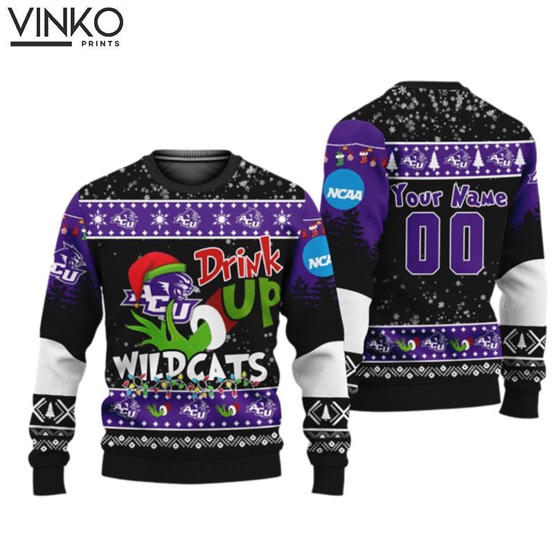 NCAA Grinch Drink Up Abilene Christian Wildcats Custom Ugly Christmas Sweater