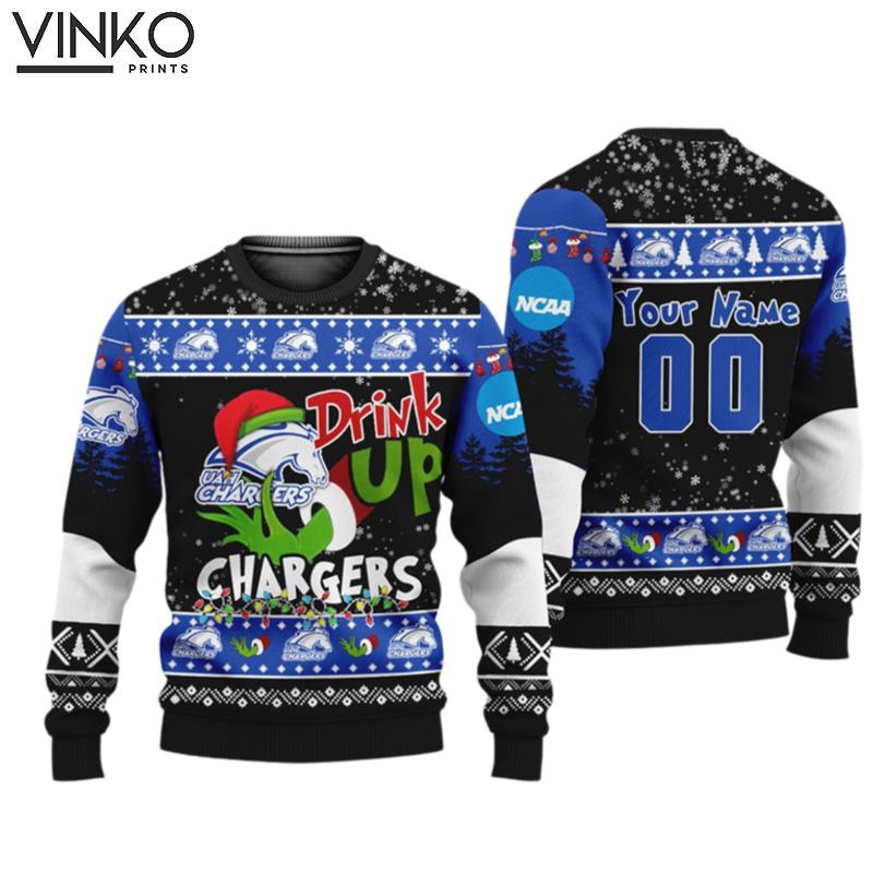 NCAA Grinch Drink Up Alabama Huntsville Chargers Custom Ugly Christmas Sweater