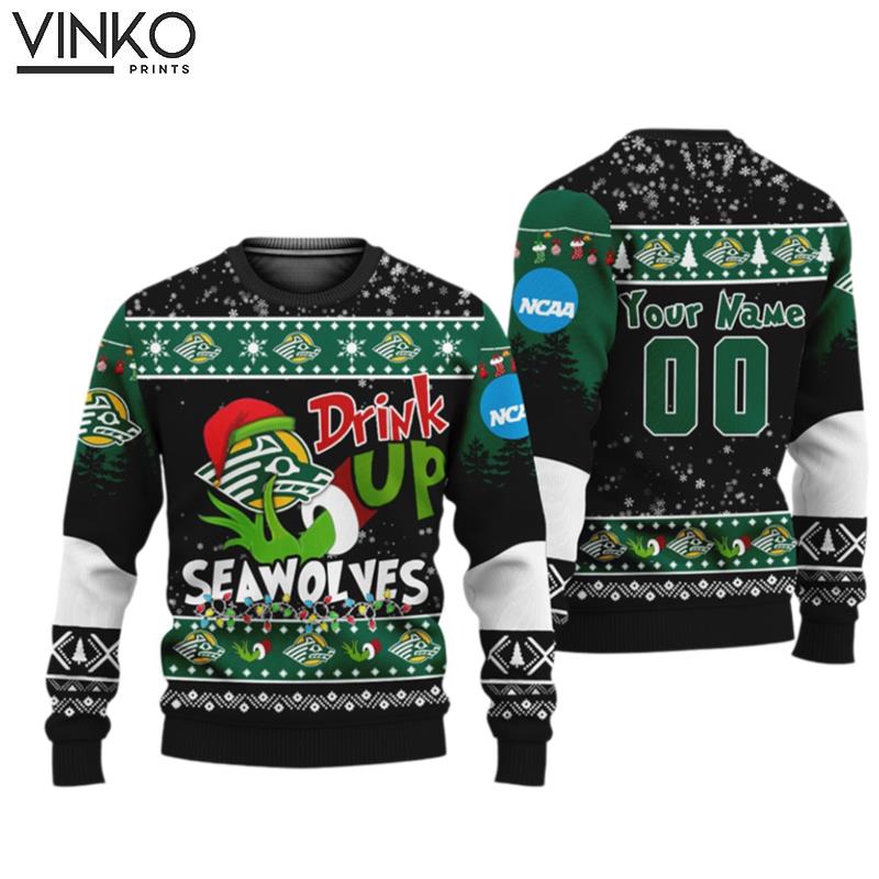 NCAA Grinch Drink Up Stony Brook Seawolves Custom Ugly Christmas Sweater