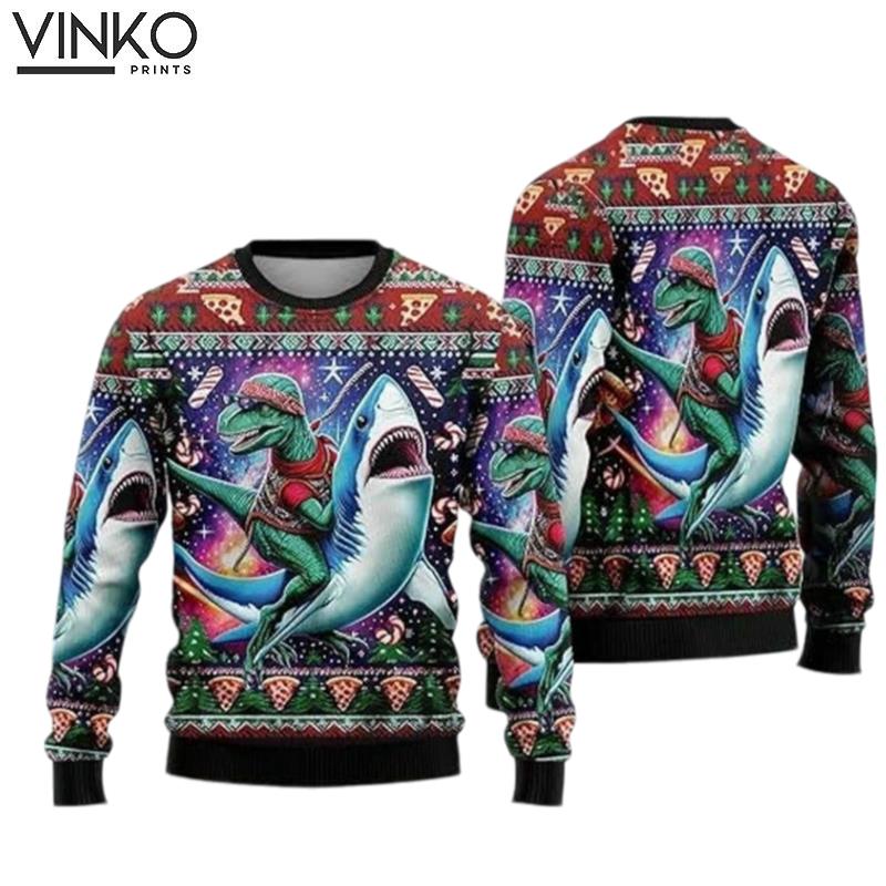 NEW Dinosaur Riding Shark Dinosaur Ugly Christmas Sweater