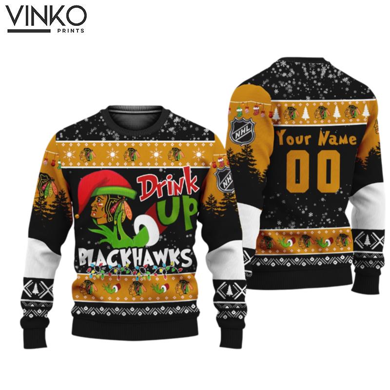 NHL Grinch Drink Up Chicago Blackhawks Custom Ugly Christmas Sweater