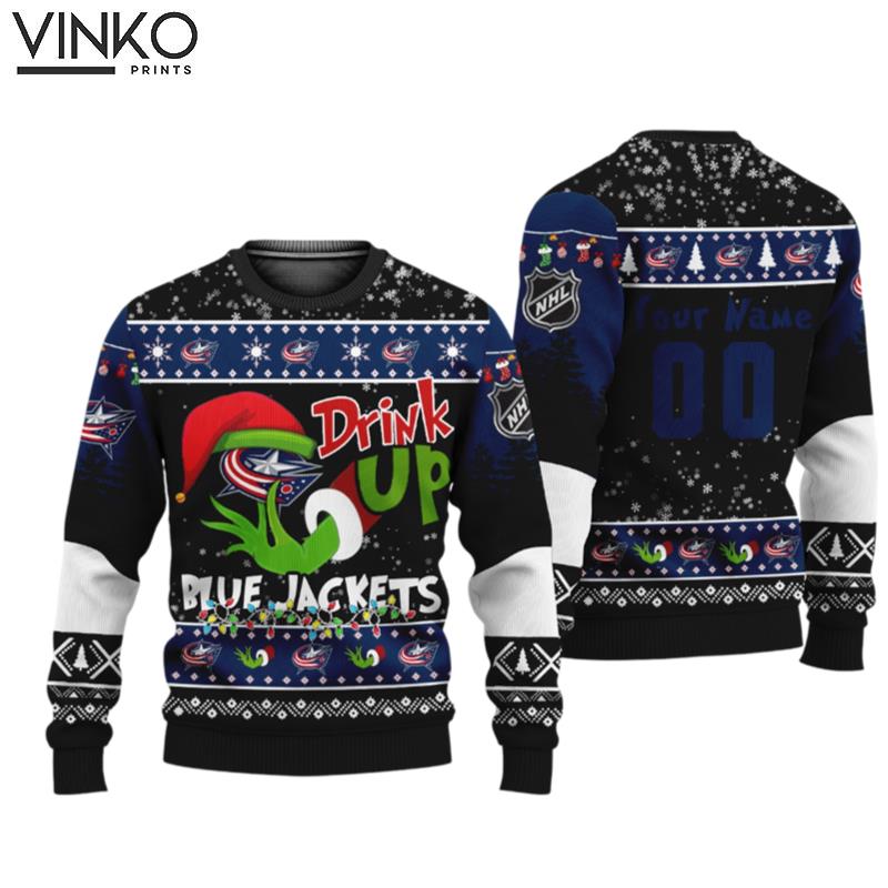 NHL Grinch Drink Up Columbus Blue Jackets Custom Ugly Christmas Sweater