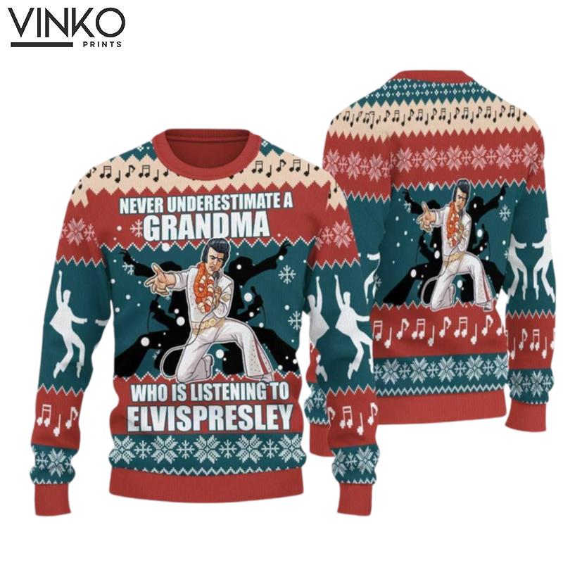 Never Underestimate A Grandma Who Love Elvis Presley Ugly Christmas Sweater