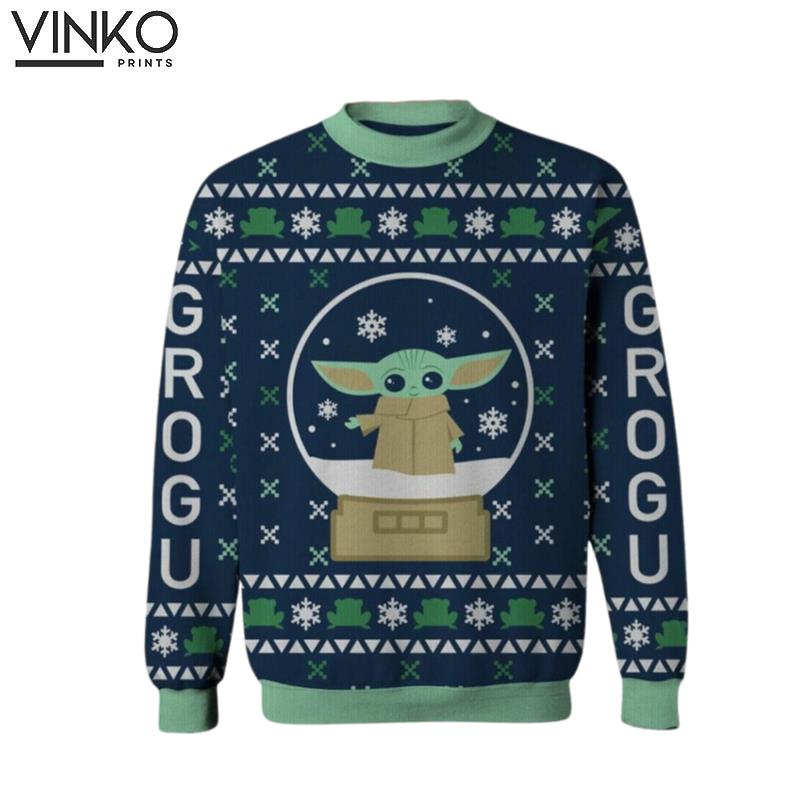 Nuevo suter navideo feo Mandalorian Grogu Star Wars Globo de nieve Ugly Christmas Sweater