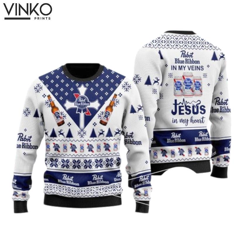 Pabst Blue Ribbon In My Veins Jesus In My Heart Custom Ugly Christmas Sweater