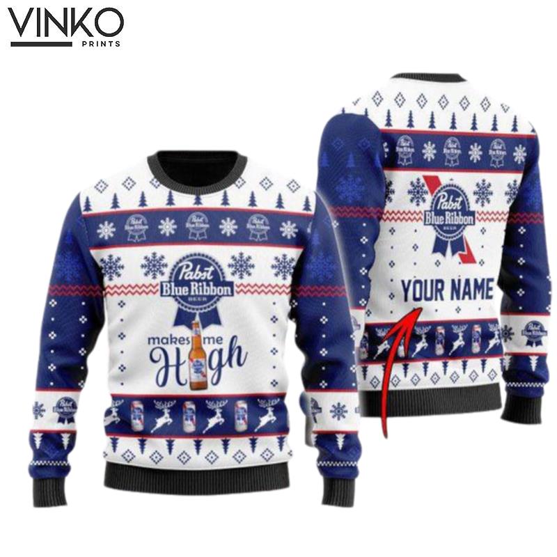 Pabst Blue Ribbon Makes Me High Personalized Ugly Christmas Sweater