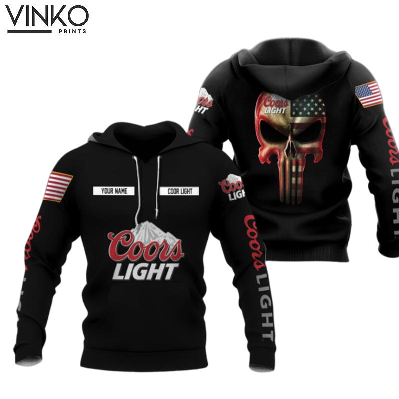 Personalized Black Usa Flag Skull Coors Light Beer Hoodie