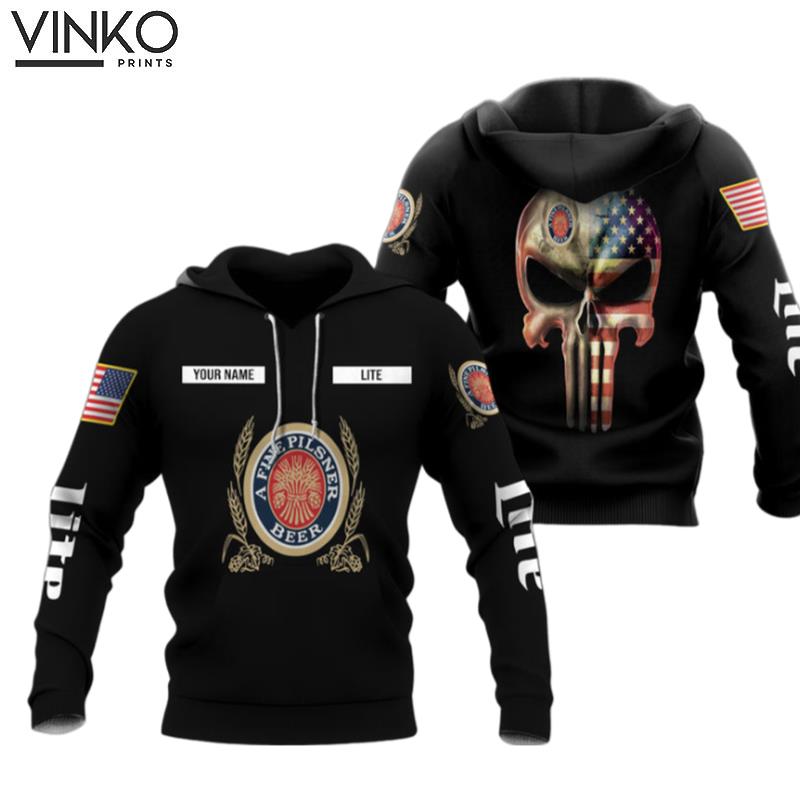 Personalized Black Usa Flag Skull Miller Lite Hoodie