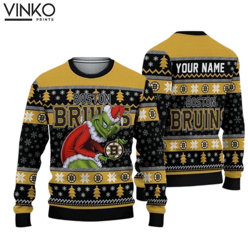 Personalized Bruins Grin Ice Hockey Ugly Christmas Sweater