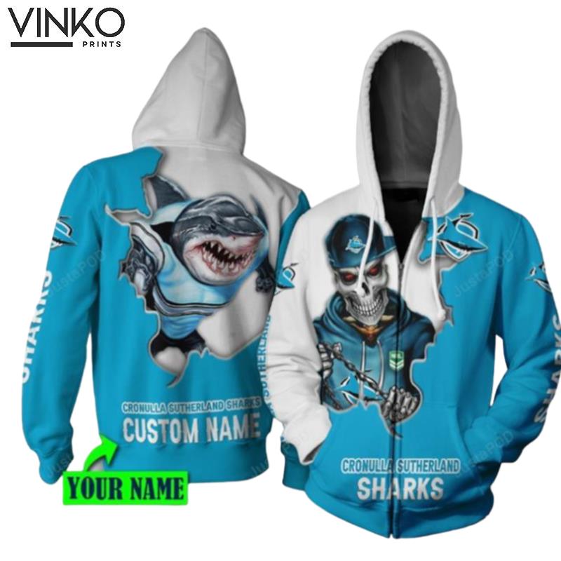 Personalized Cronulla Sutherland Sharks Nrl Mascot Skull Custom Name Hoodie