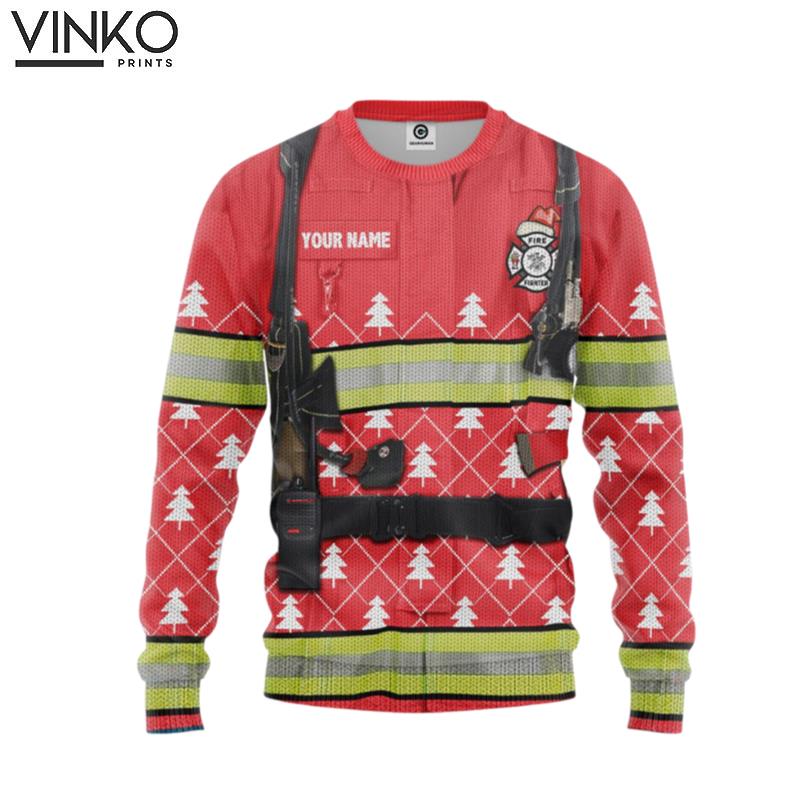 Personalized Custom Name 3D Firefighter Ugly Christmas Sweater