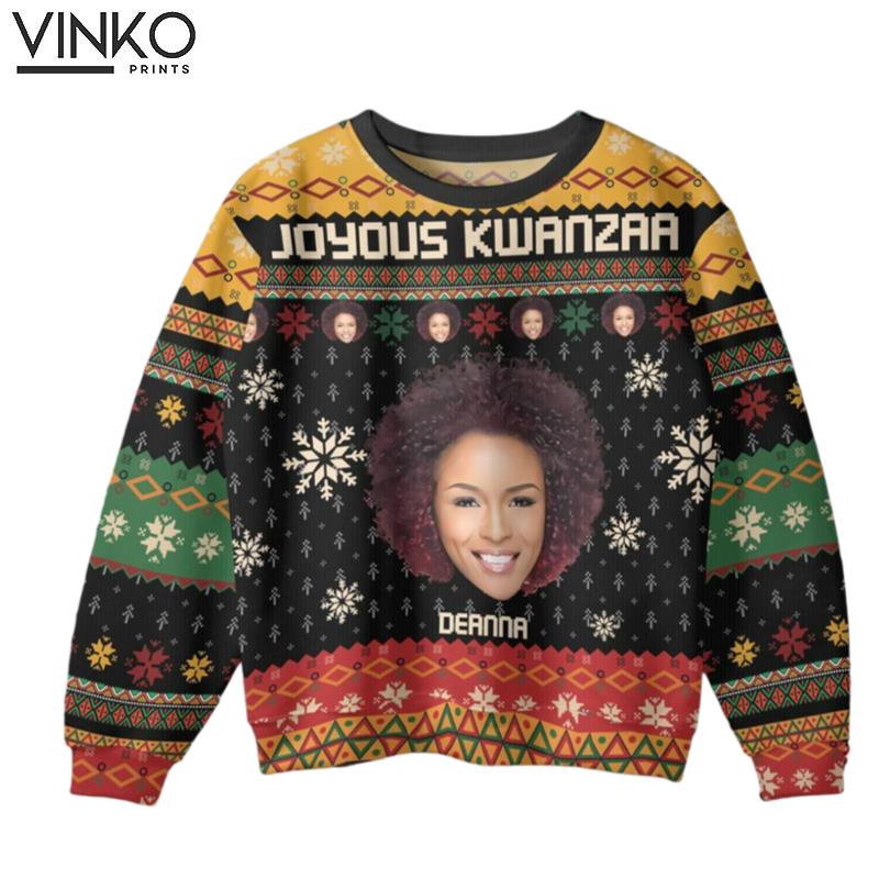 Personalized Joyous Kwanzaa Face And Name Ugly Christmas Sweater