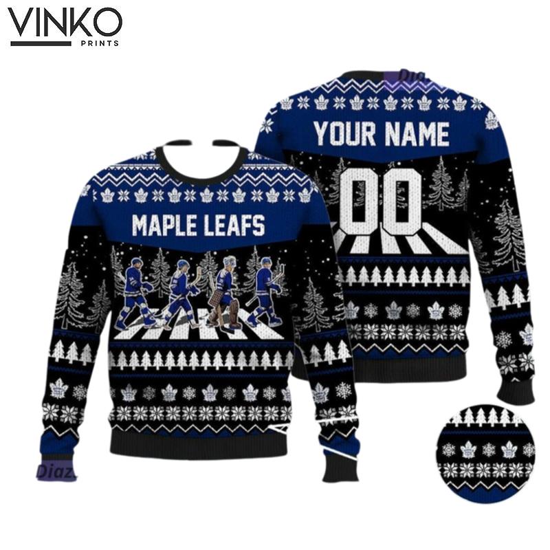 Personalized Maple Leafs Walking Abbey Road Ice Hockey Ugly Christmas Sweater